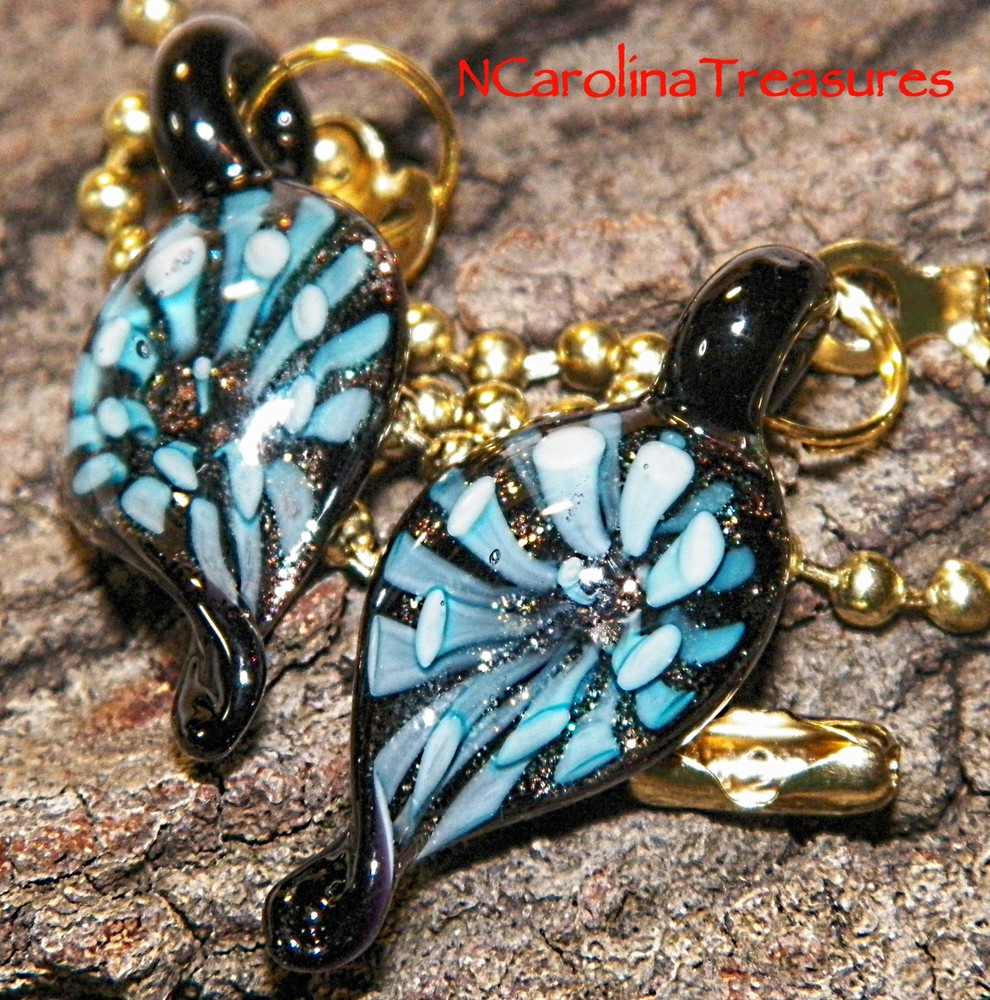 MURANO GLASS CEILING FAN SWITCH PULL LEAF DESIGN AQUA FLORAL BURST SMALL PAIR