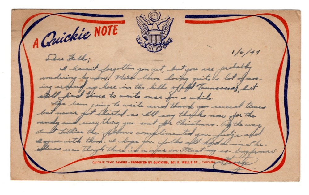 QUICKIE NOTE ARMY MAIL 1944 WWII
