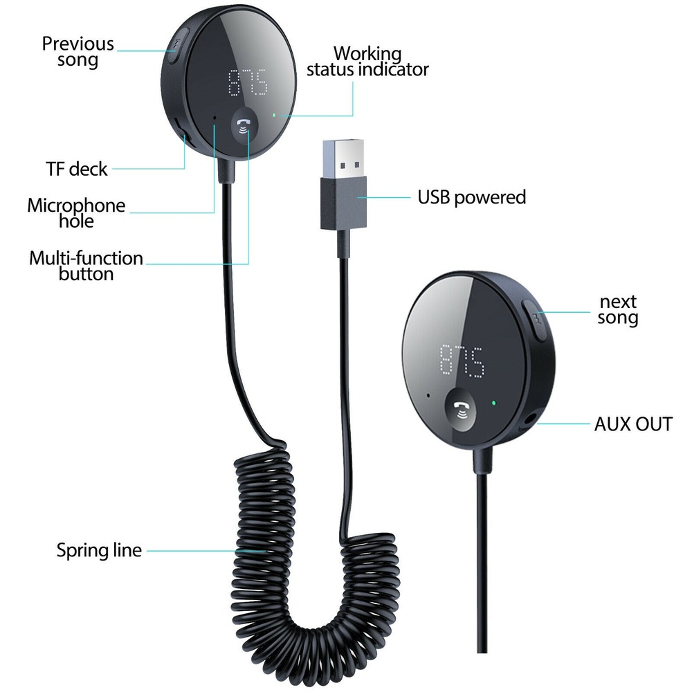 Bluetooth 5.0 Wireless Car FM Transmitter AUX Stereo Audio Receiver Adapter USB