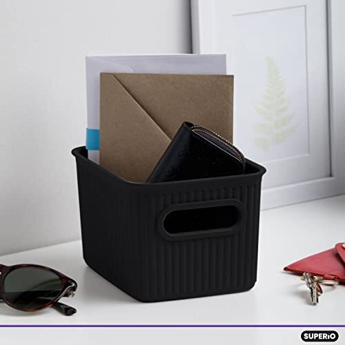 Superio 1.5 L Mini Ribbed Storage Bin- Plastic Storage Basket (Brown, 4 Pack)