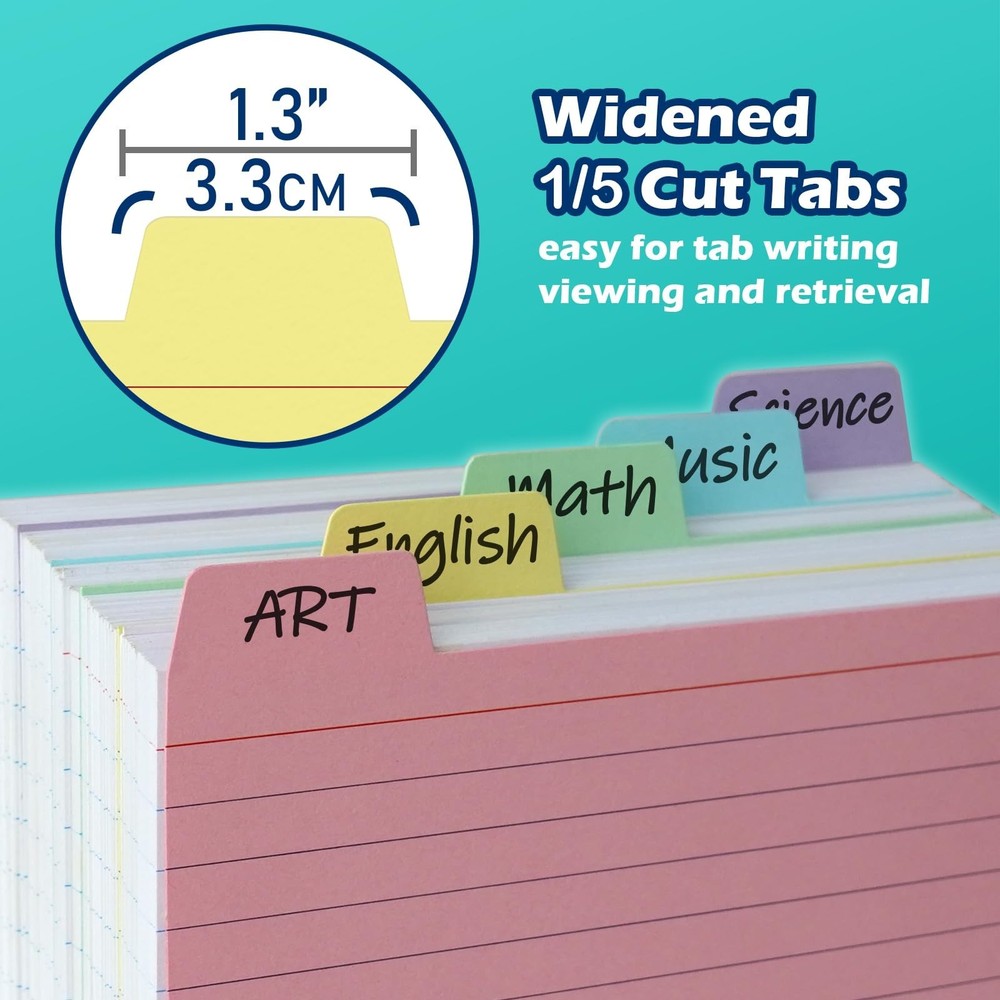 3x5 Index Cards 100 Pack, Tabbed Dividers, Durable 220 GSM, Multicolor