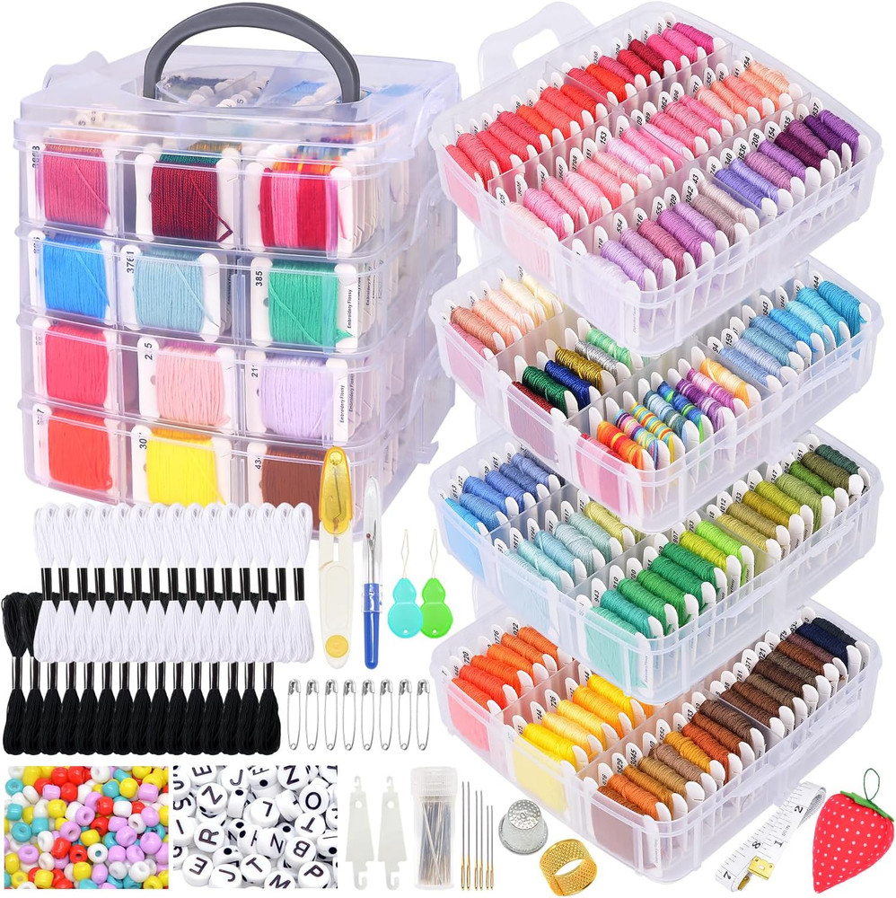 1080 Pack 200 Colors Embroidery Floss Kit Thread w Tools Beads Organizer Box Set