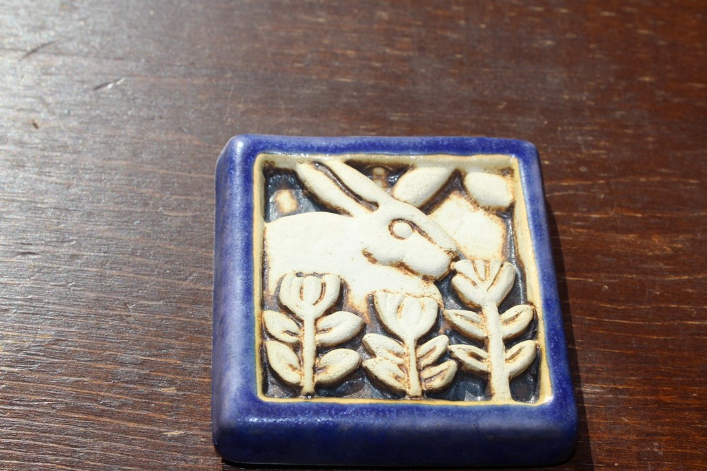Carruth Studio Art Pottery Ceramic Mini Tile 1996 Rabbit Flowers Spring