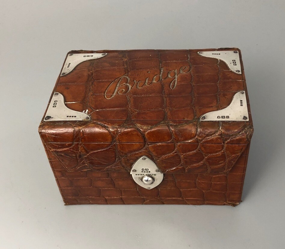 Edwardian Solid Silver Mounted Leather Bridge Box London 1903 ADZX