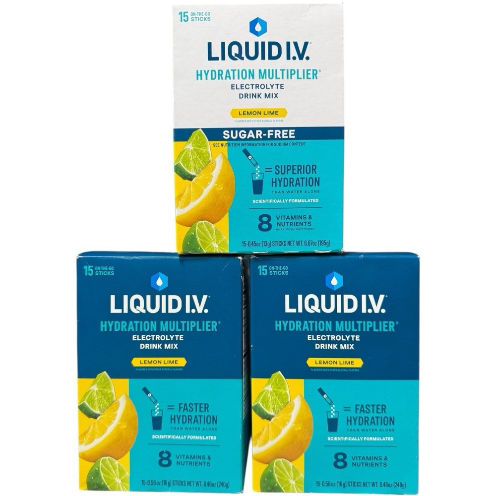 Liquid I.V. Hydration Multiplier Lemon Lime – 3 Boxes (1 Sugar-Free + 2 Regular)
