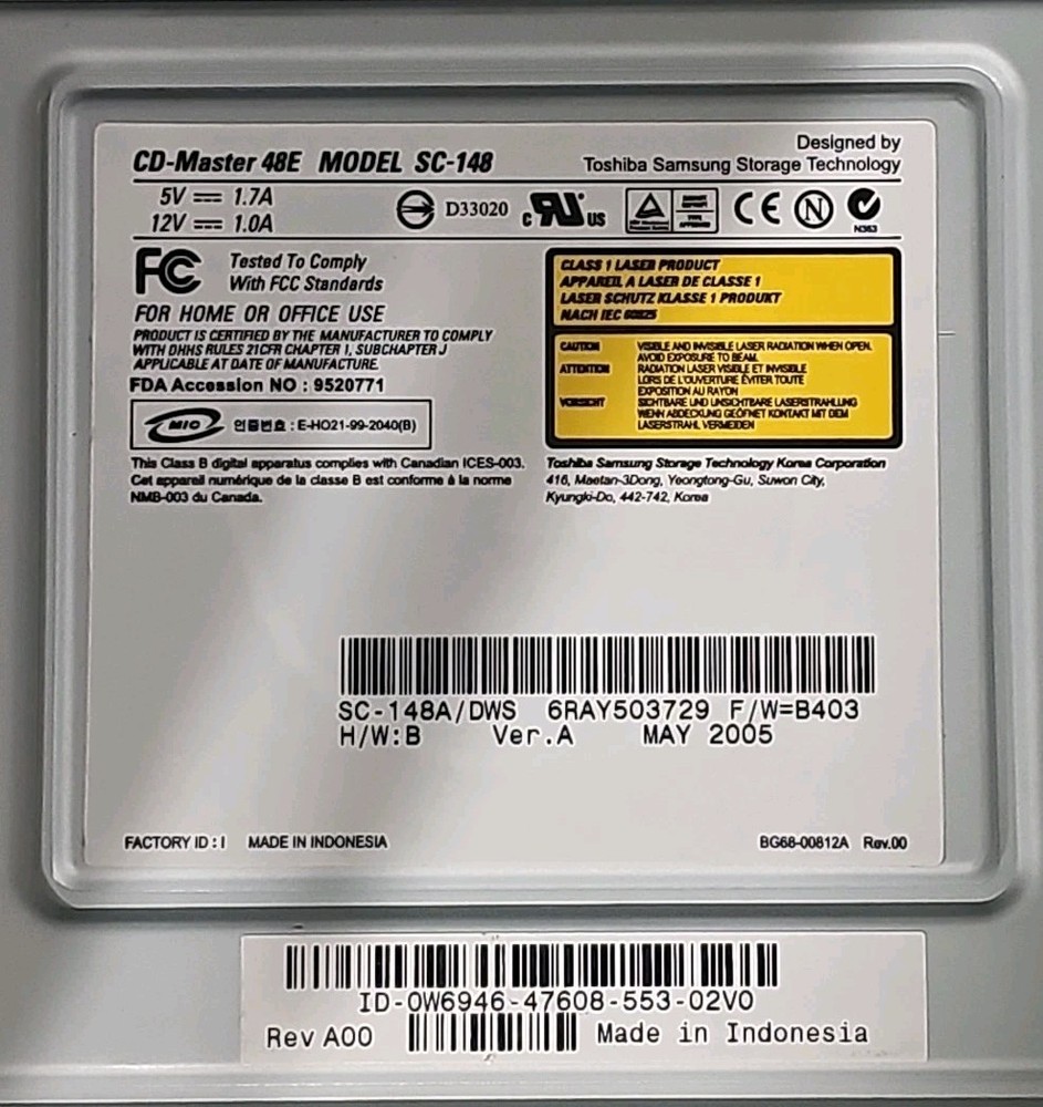 Samsung CD-Master 48E Model SC-148 48X Internal CD-ROM Drive BLACK