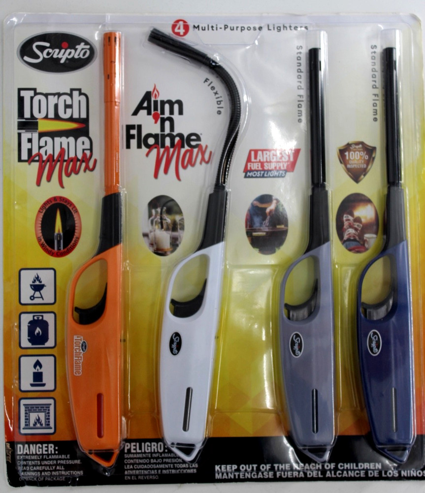 4 - SCRIPTO Multi-Purpose Flex TOURCH FLAME Lighters Mixed Colors New