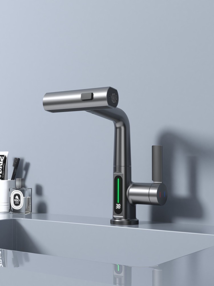 Waterfall & Pull-Out Faucet with Temperature Display in Gun Metal