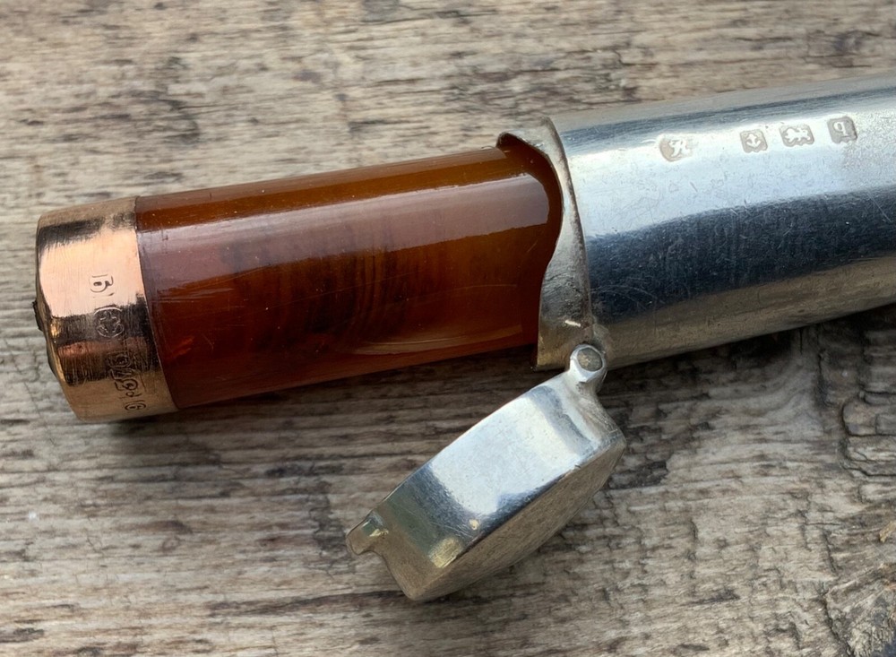 Antique British Amber and Gold Mouthpiece + Solid Silver Hallmarked case