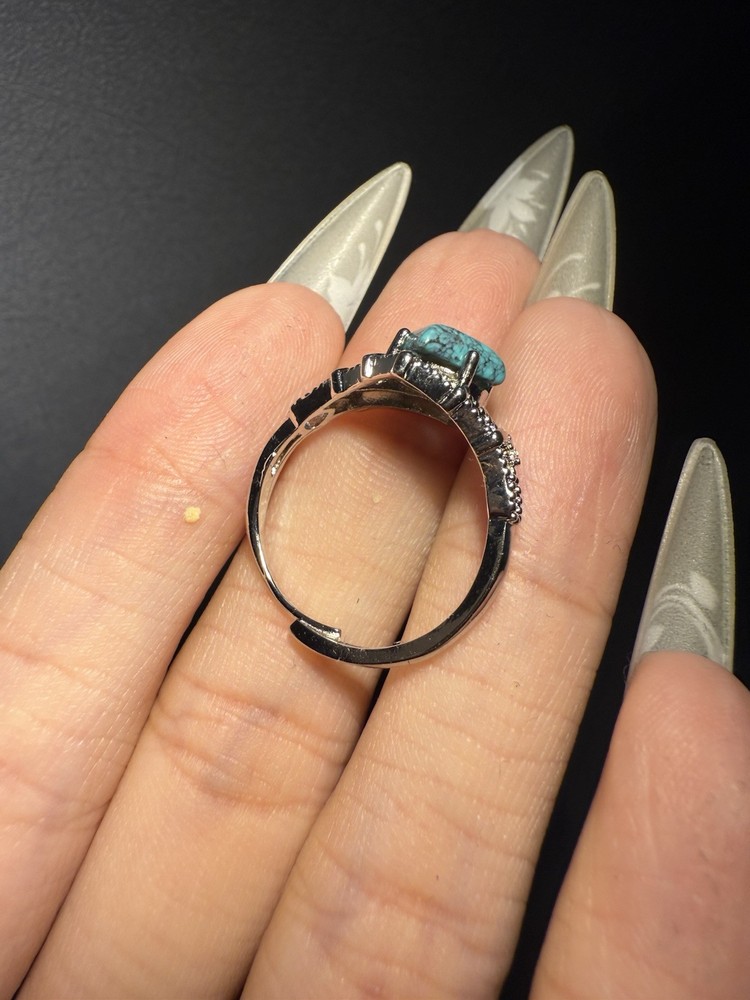 Natural Hubei Turquoise Square Ring / Silver- plated/adjustable