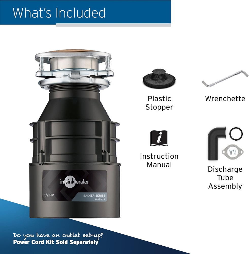 Badger 5 Garbage Disposal, Standard Series 1/2 HP Continuous Feed Food Waste ...
