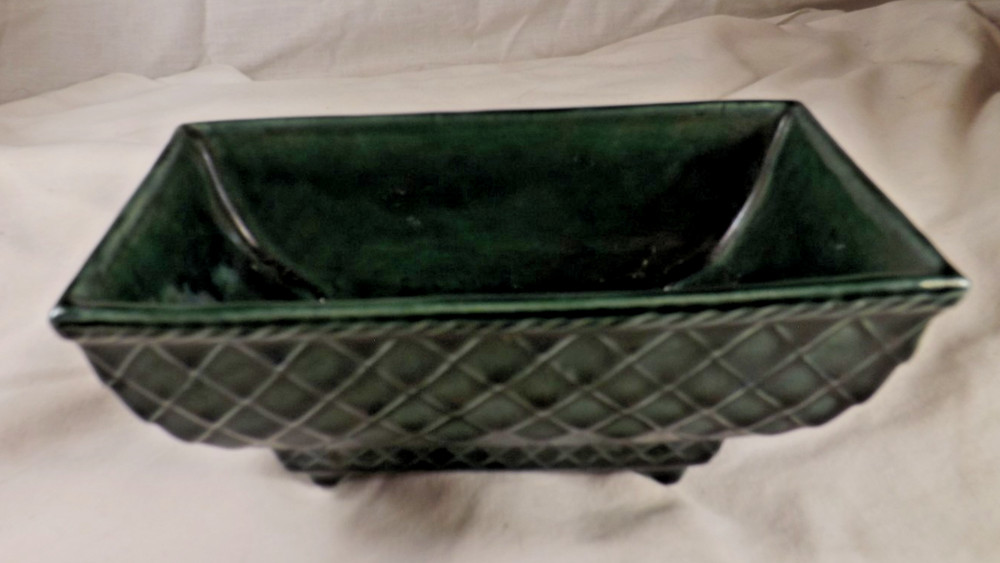 Dark Green Crosshatch Rectangular Footed Planter Bonsai USA Pottery 404