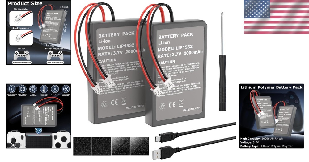 2 Pack 2000mAh Batteries for PS4Pro/PS4Slim Controller,Replacement Lithium Ba...