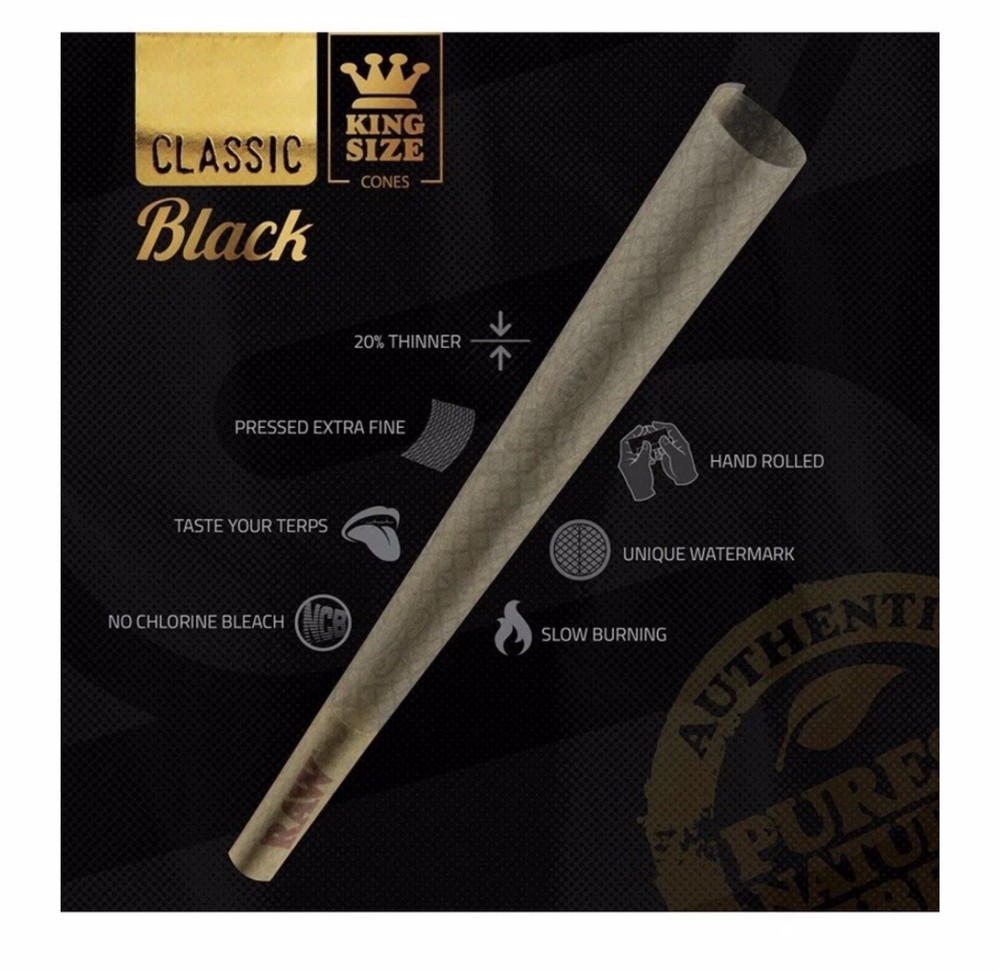 Raw Rolling Paper Black King Size Pre-Rolled Cone AUTHENTIC + Lighter