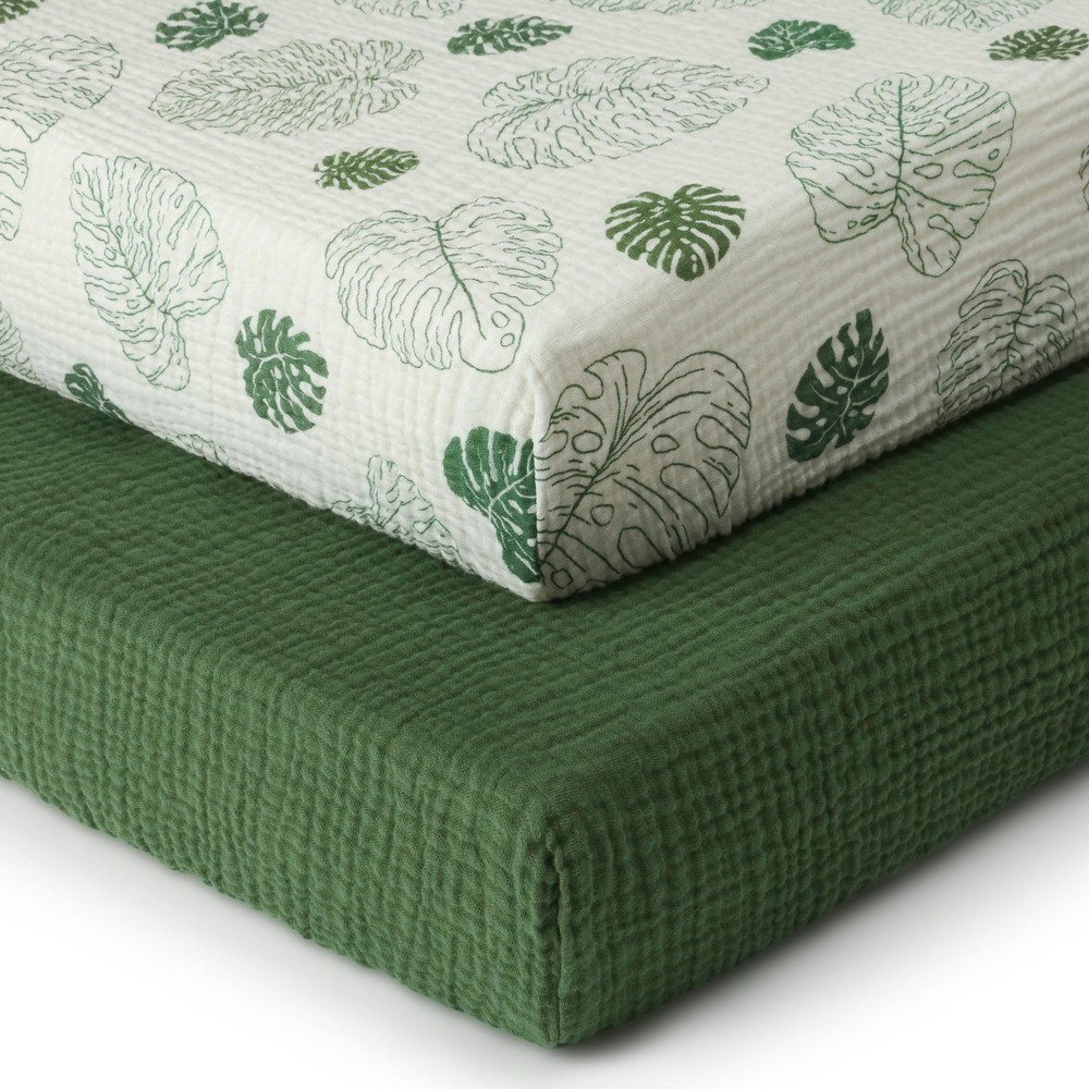 Blissful Diary Muslin Crib Sheets 2 Pack, Monstera & Dark Green