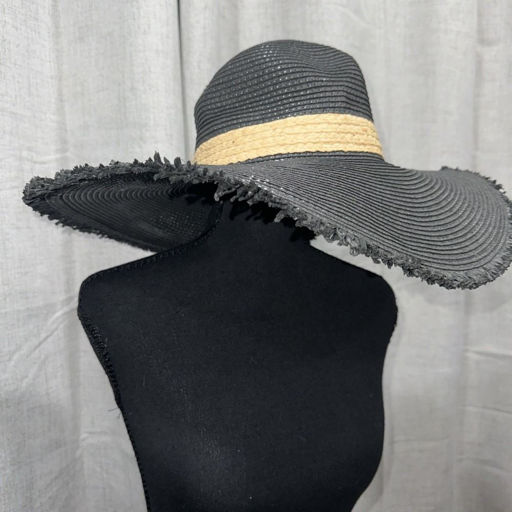 Black Woven Wide Brim Floppy Foldable Packable Sun Hat