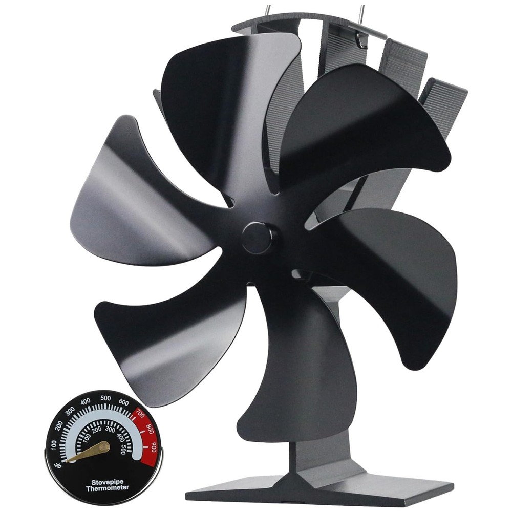 Efficient 6-Blade Fireplace Fan - Durable Heat Powered Blower with Thermometer