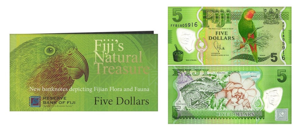 Fiji 5 Dollars, 2013 ND, P-115a.1, UNC, Polymer, w/ Folder-Card
