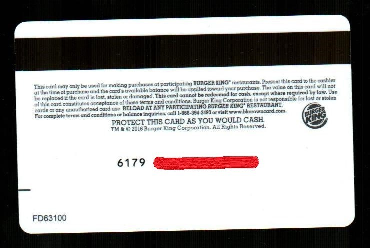 BURGER KING Crown ( 2016 ) Gift Card ( $0 )