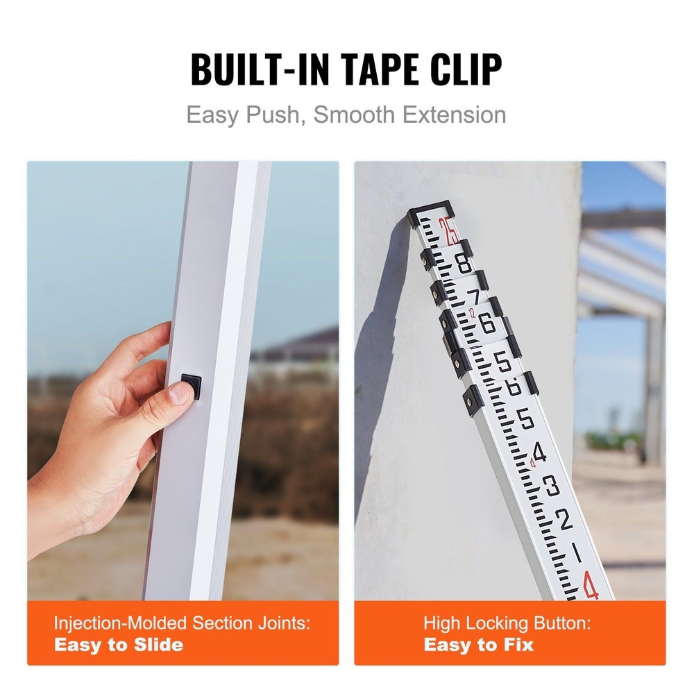 Aluminum 25ft 6-Section Extendable Leveling Rod w/ Dual Scale & Bubble Level