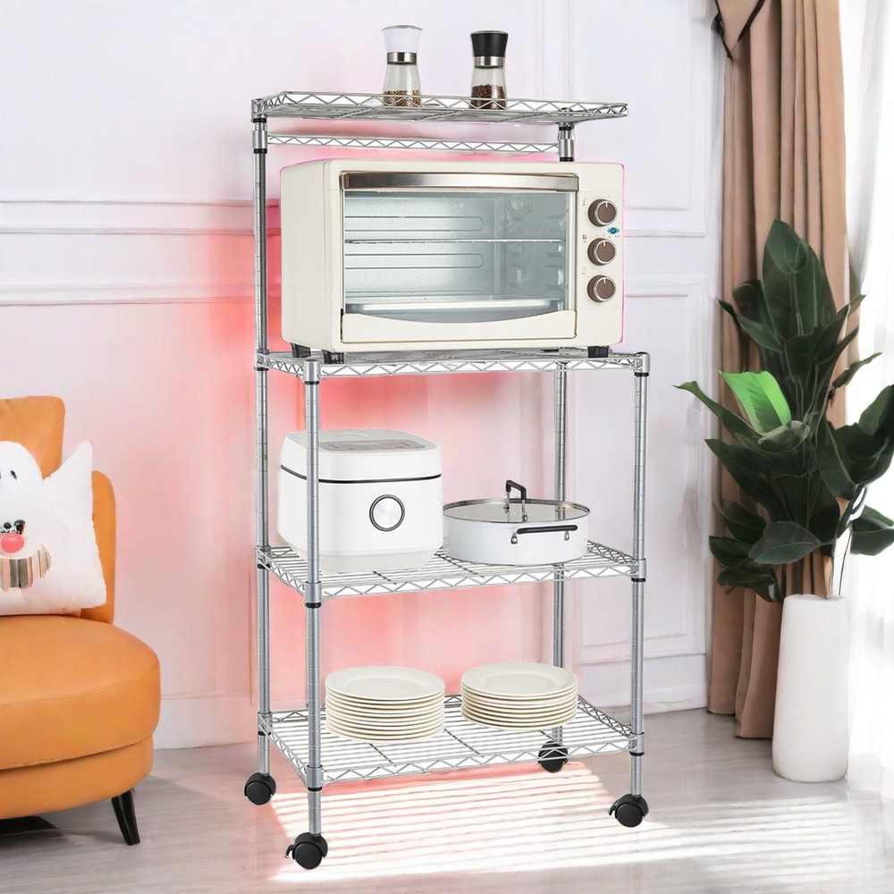 4-Tier Rolling Wire Shelving Unit - Adjustable, Metal & Silver Kitchen Rack