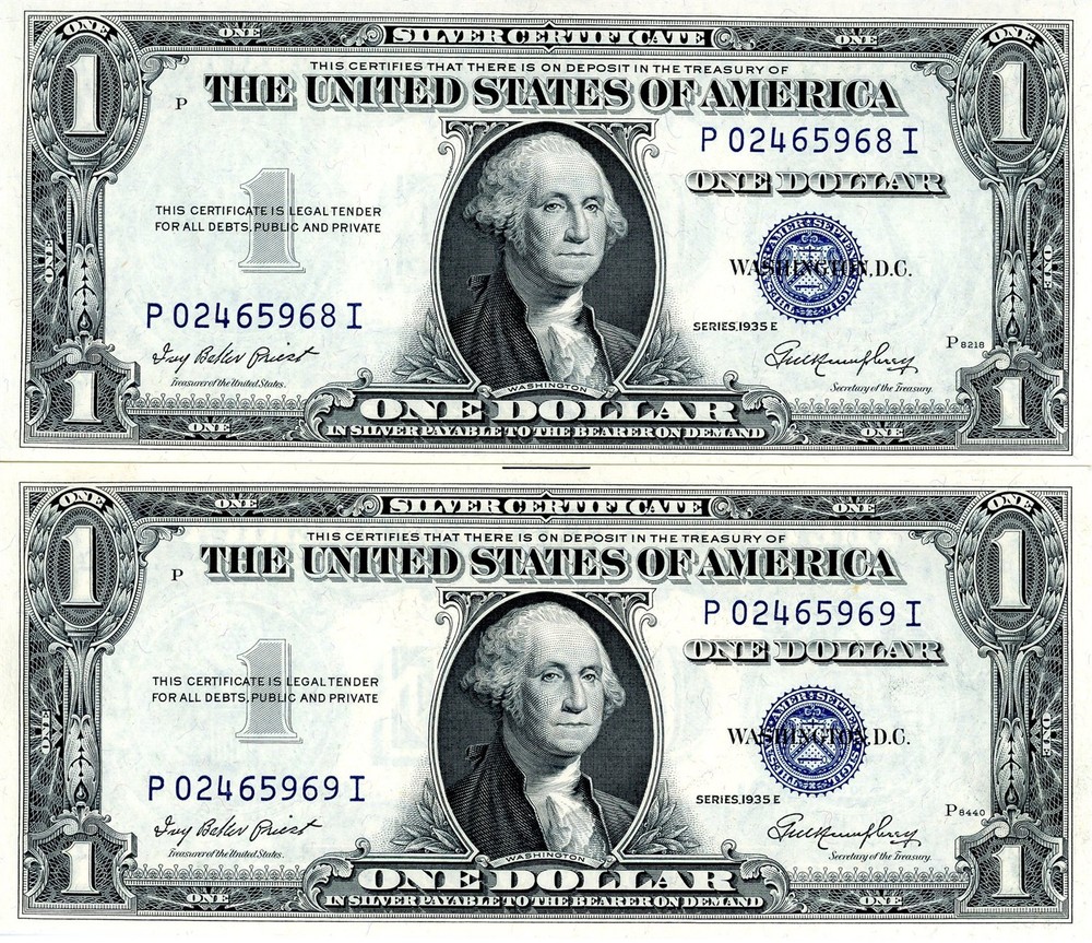1935E $1 5-Sequential Consecutive Silver Certificates in UNC Condition Fr. #1614