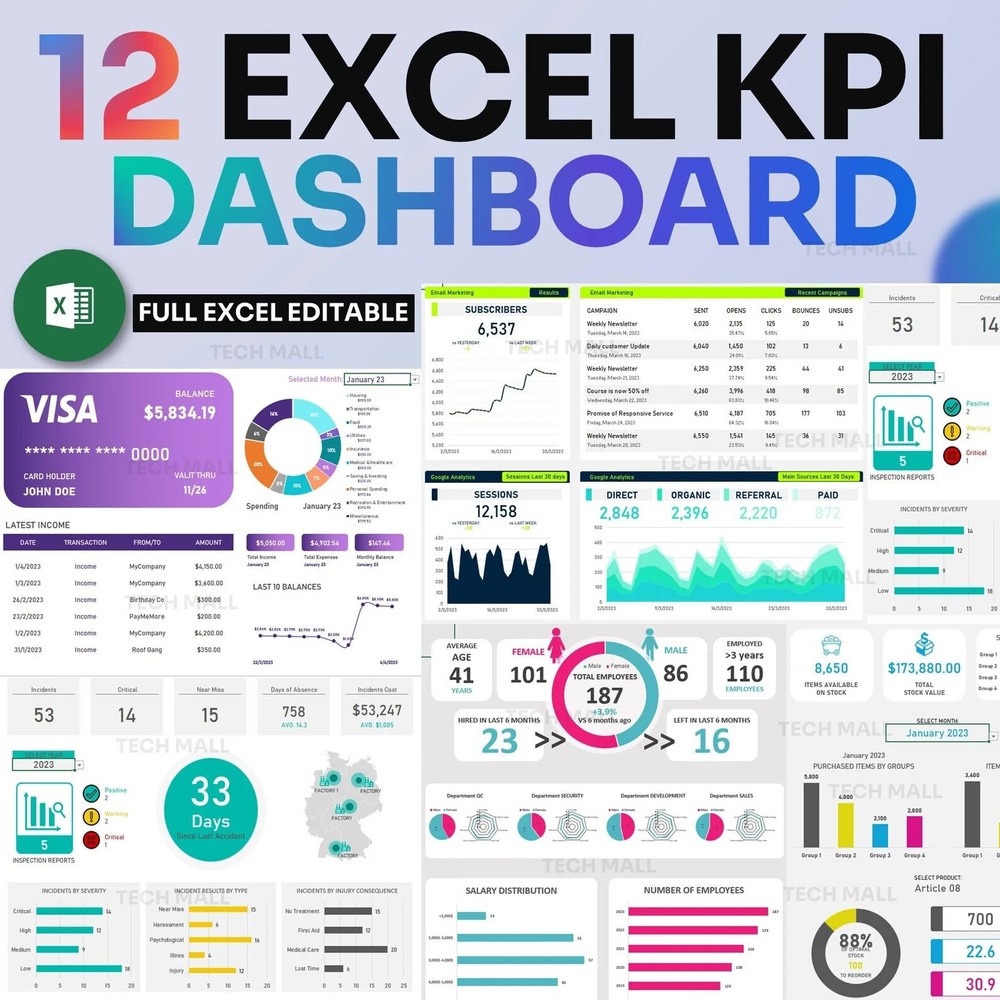 12 EXCEL KPI Data Dashboard | EXCEL Dashboard | Ready to use | Multipurpose use