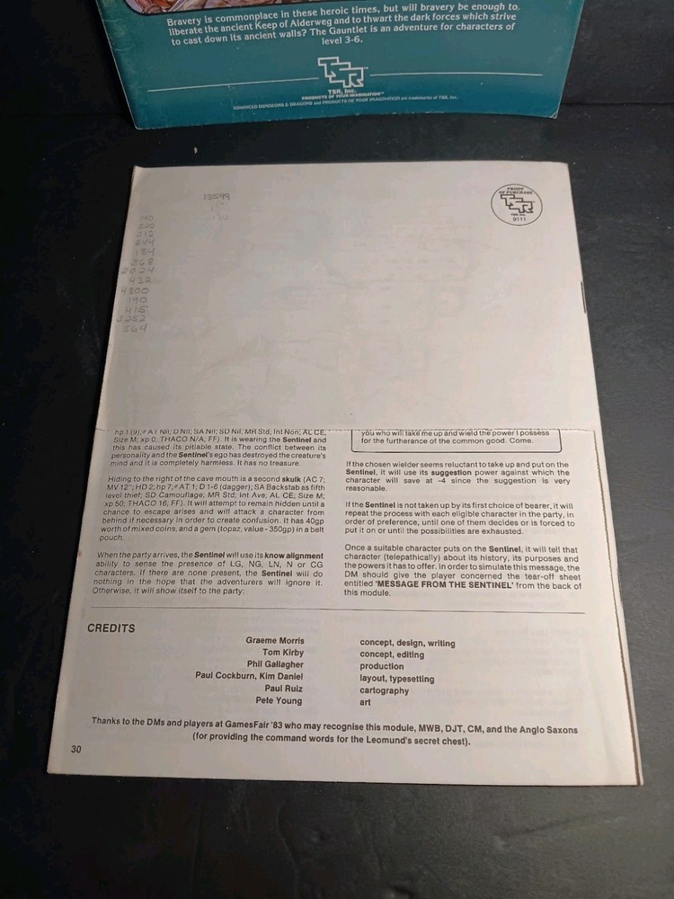1984 TSR AD&D Original Dungeons & Dragons Module UK3 THE GAUNTLET 9111