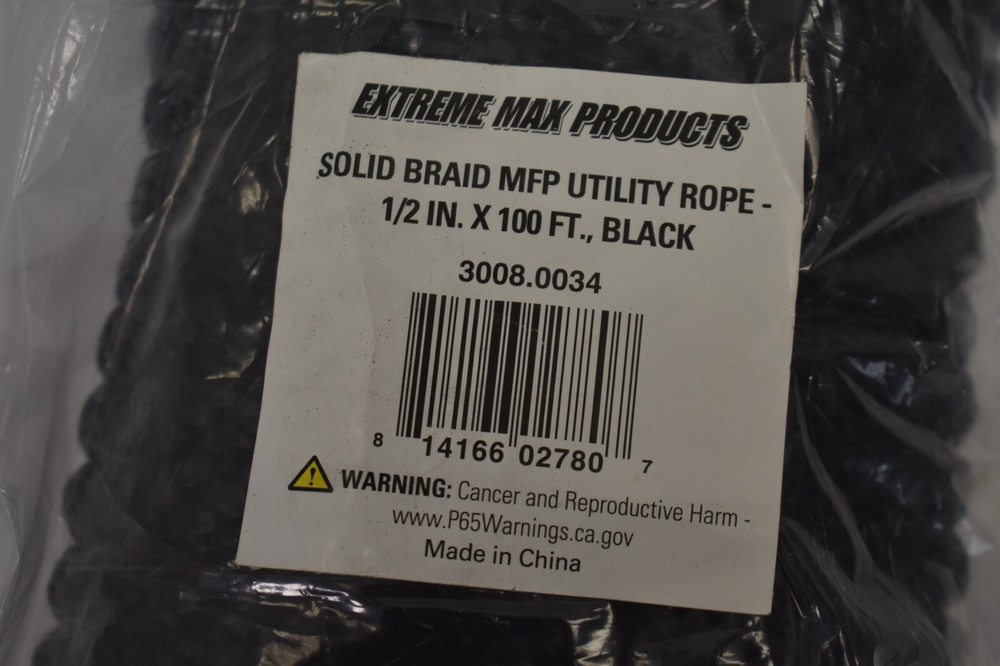Extreme Max Solid Braid MFP Utility Rope Cord 1/2" x 100' Black 3008.0034
