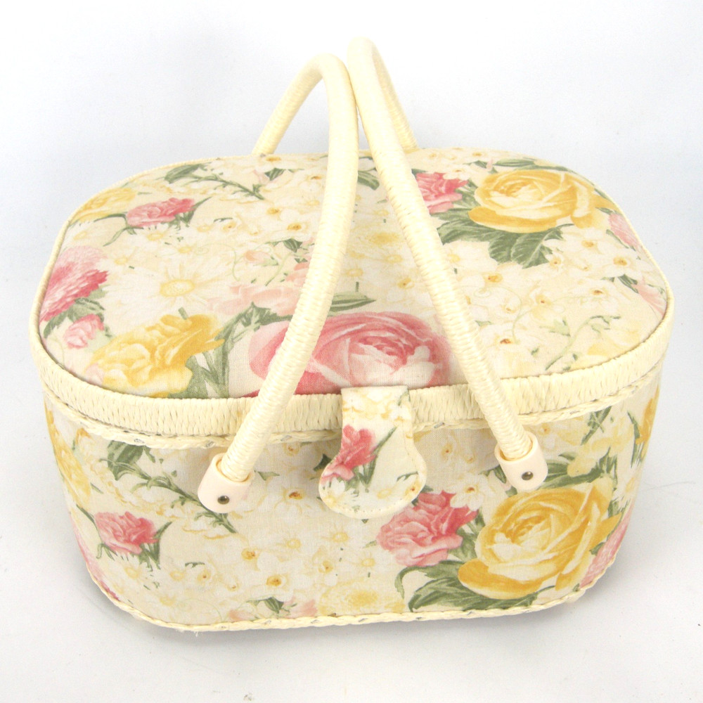 Sewing Basket Cloth Floral Pattern Double Handles Plastic Insert 12" x 9" x 6"