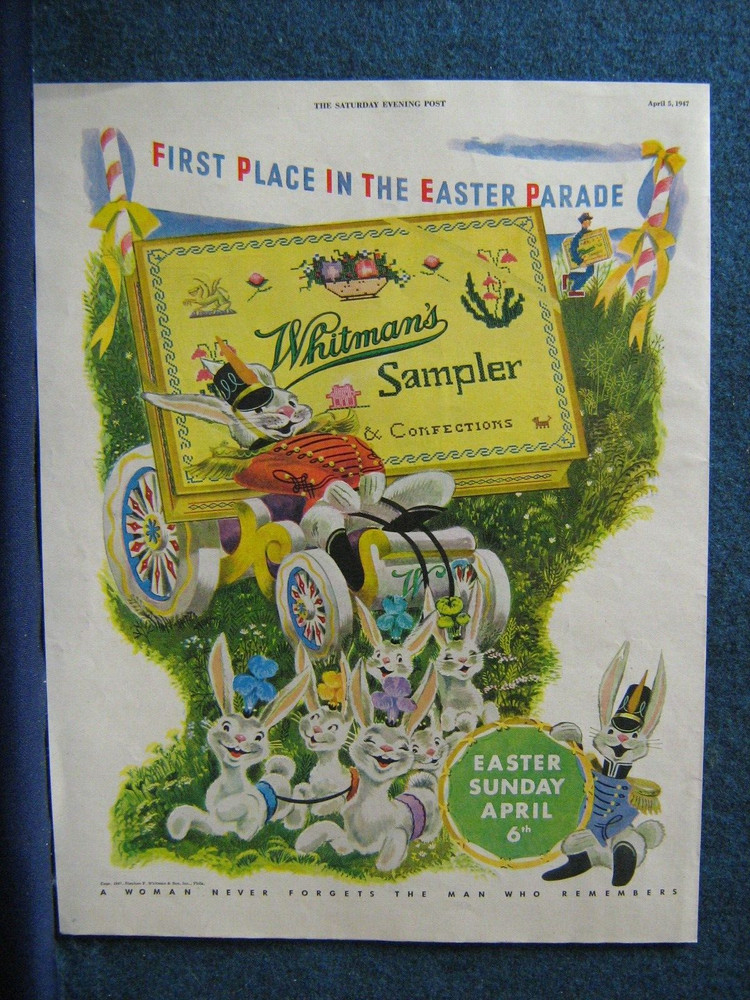1957 Whitman's Candy Print Ad  Easter Wagon Being Pulled By Happy Easter Bunnies