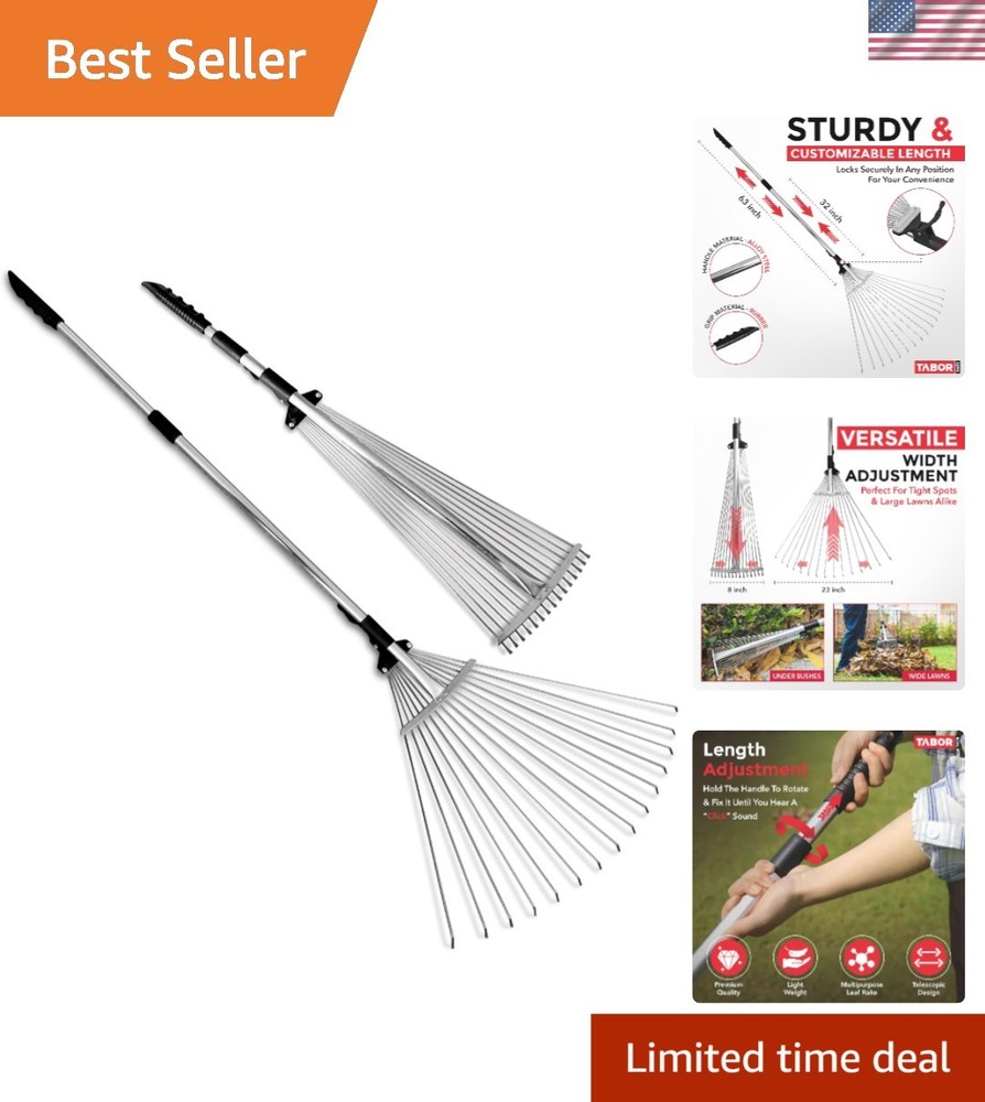 Adjustable Metal Rake - Collapsible & Telescopic - Garden, Yard, & Lawn