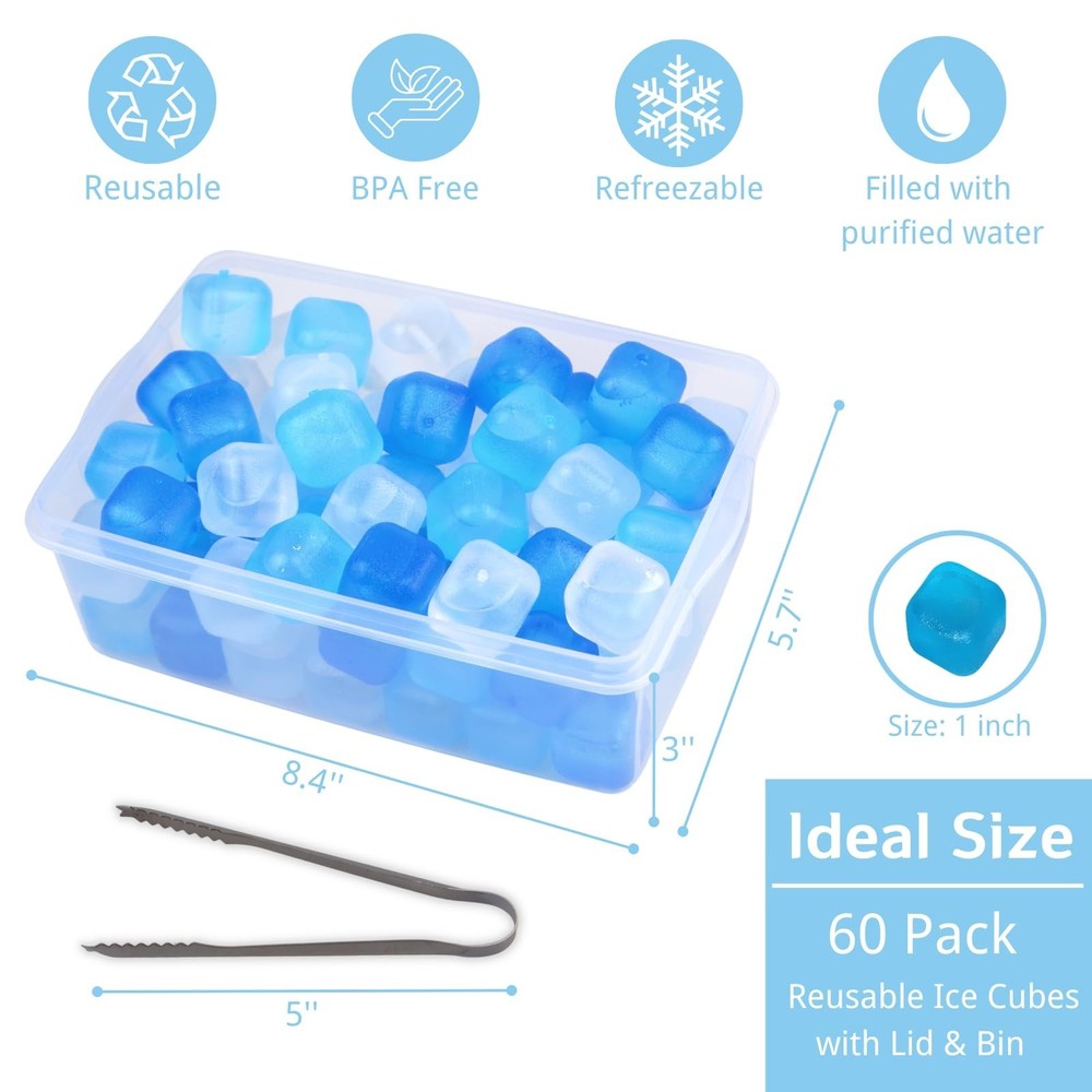 Reusable Ice Cube with Lid & Bin, 60 Pack Plastic Ice Cubes for Dri... Fast Ship