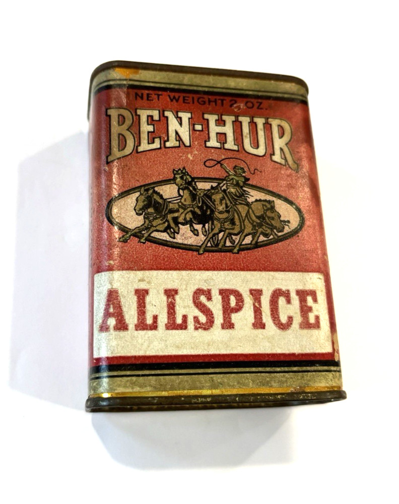 Vintage Ben-Hur Paper Label Allspice Tin Slide Opening 1930 1940's 2 oz