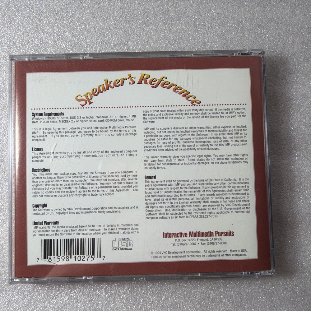 Speaker’s Reference PC CD ROM 1994 Guide To Public Speaking