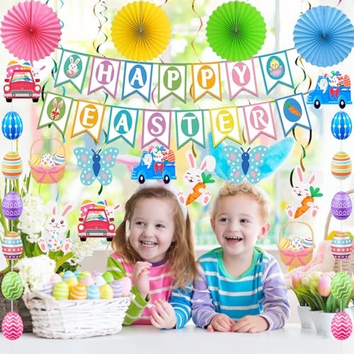Easter Decorations - Happy Easter Banner, Egg Bunny Garland, Hanging Swirl