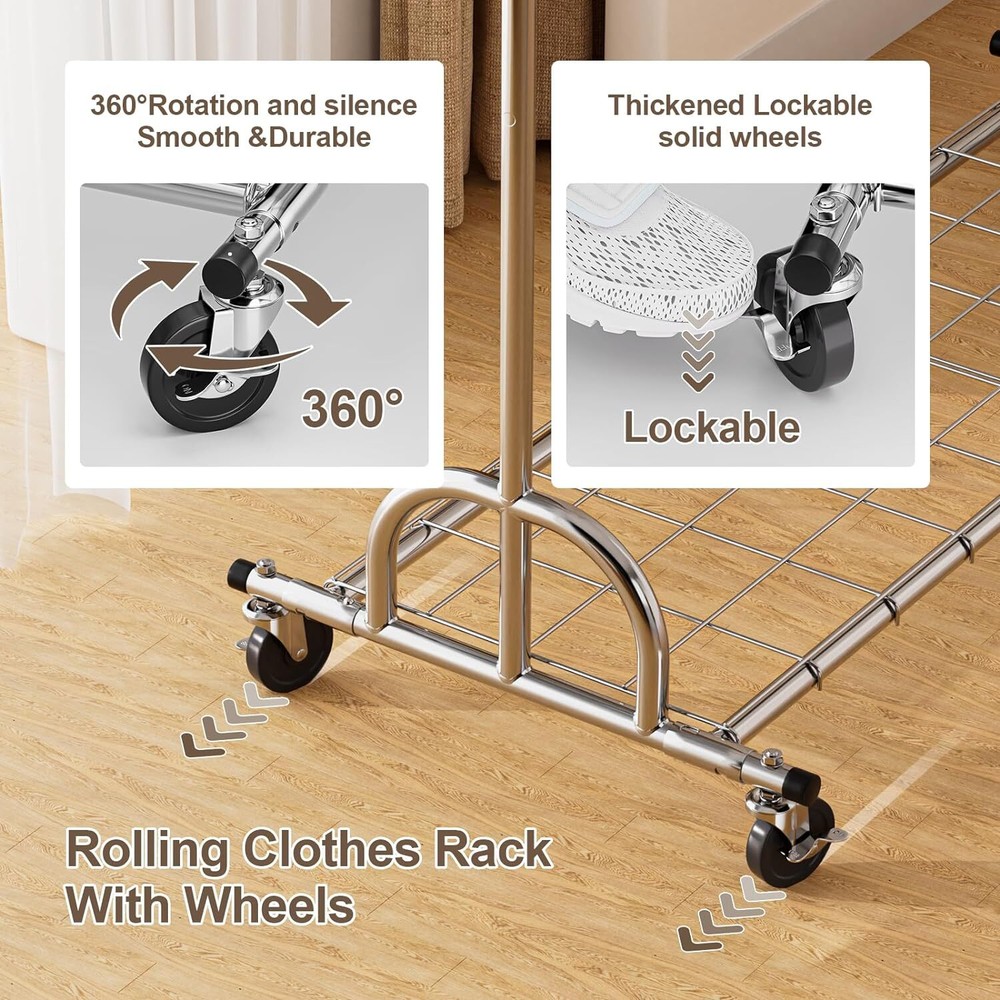 Singel Rail Garment Rack with Wheels Multi Purpose Clothes Storage Drying Hanger