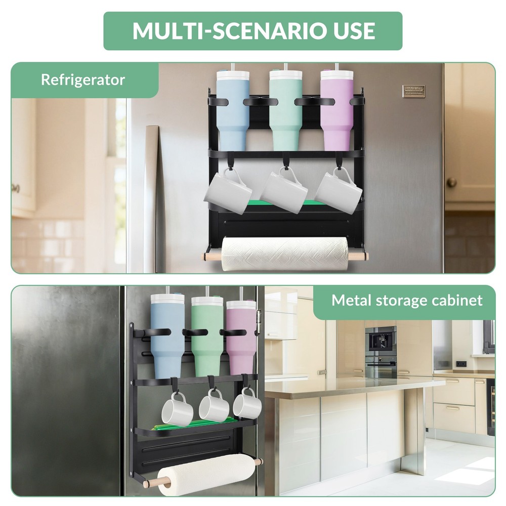 Magnetic Cup Holder for Refrigerator Foldable 3-Cup Organizer with Shelf & Hook
