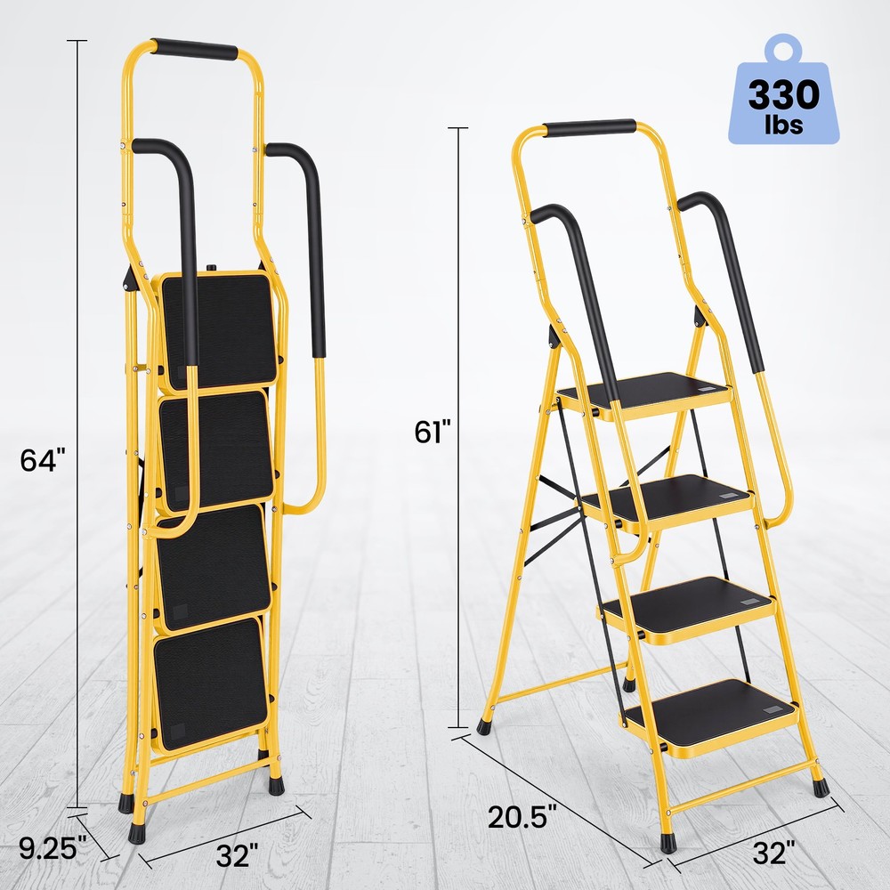 4 Step Ladder with Hankdrails, Folding Step Stool withSafety Lock yellow