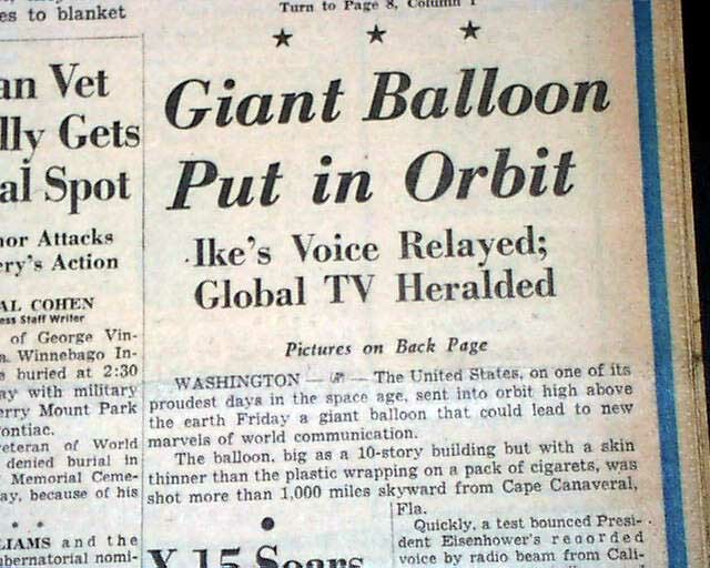 PROJECT ECHO 1st Communications Satellite Launch & Orbit Success 1960 Newspaper