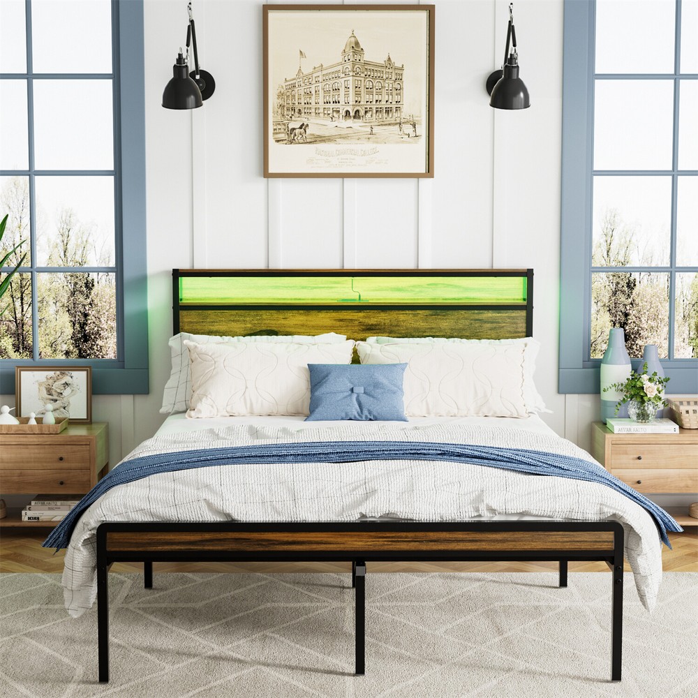 Queen Size Bed Frame Metal Platform Bed Frame w/ Storage Headboard & USB Ports