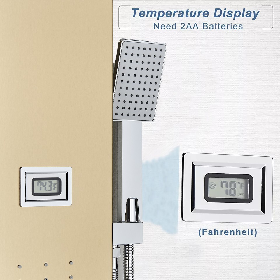 Brushed Gold LED Shower Panel Tower System Rain Waterfall Head Massage Jet Mixer