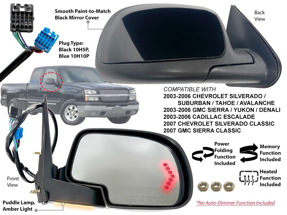 Mirror For SILVERADO SIERRA 2003-2006 Power Folding Memory Puddle Passenger Side