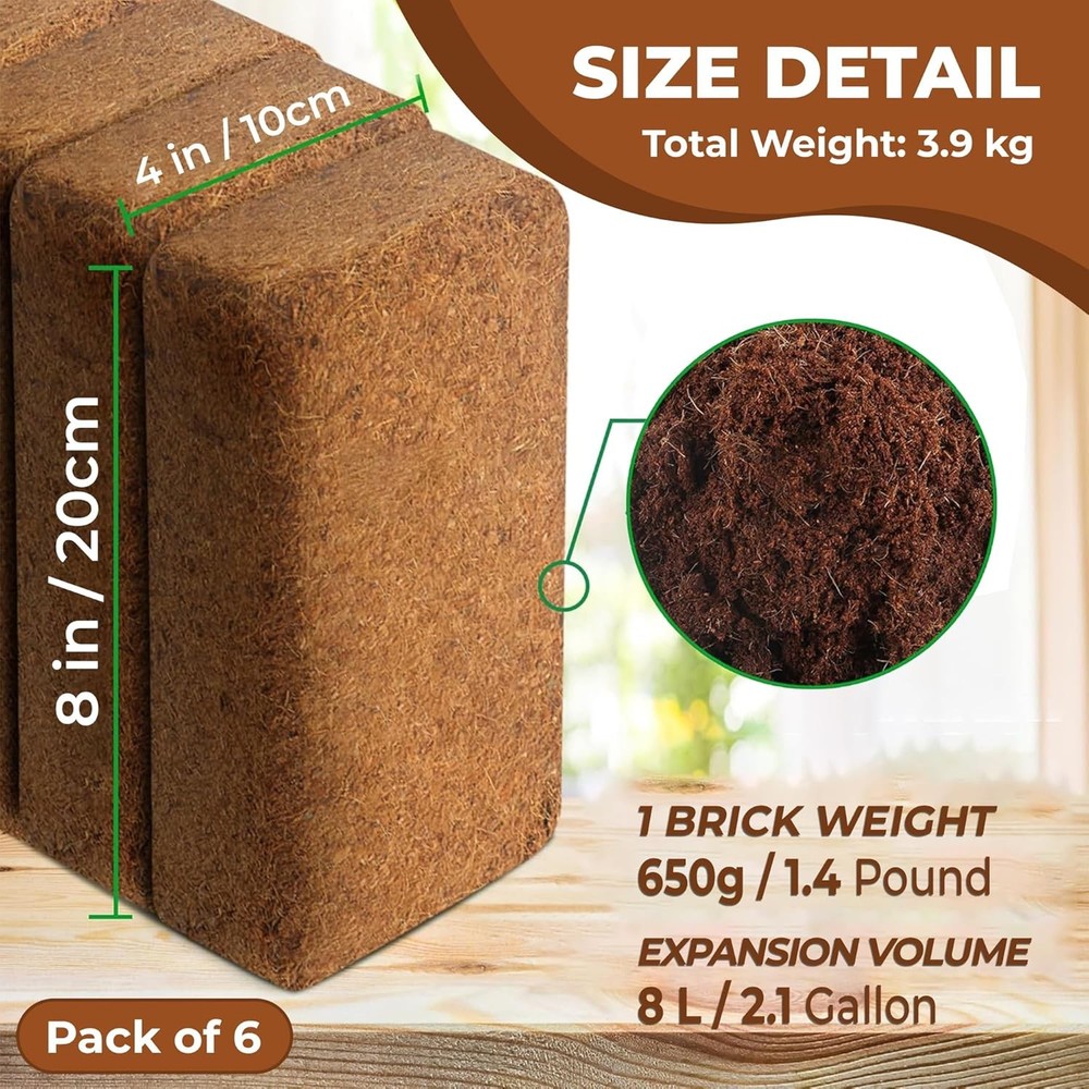 Compressed Coco Coir Bricks – 100% Organic, 650g x 6 Bricks – Expands to 8L