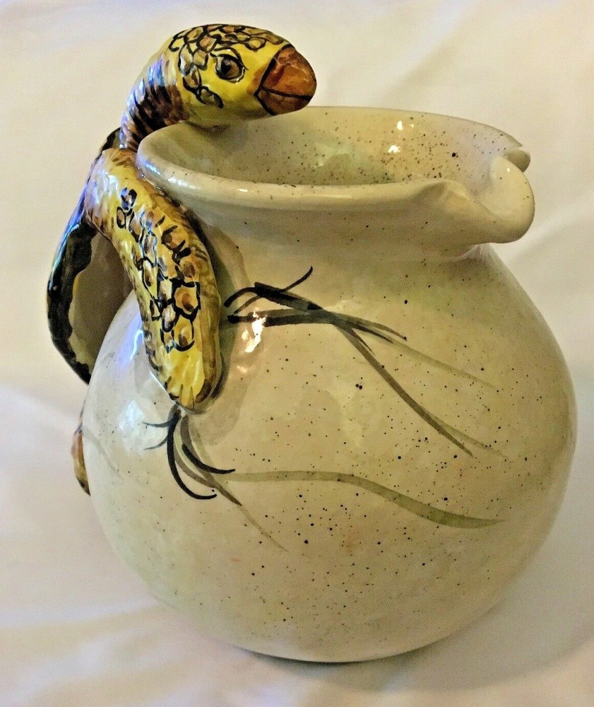 HAND CRAFTED POTTERY DECOR PITCHER W/TURTLE HANDLE~SAC B.CASATI