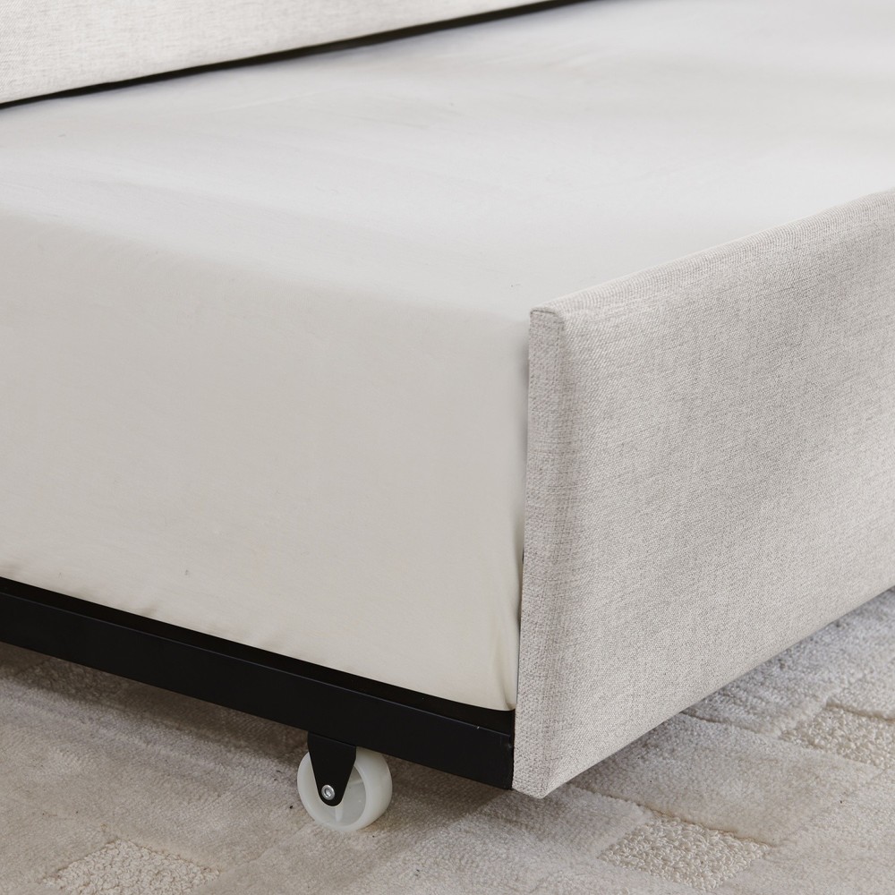 Full Daybed Modern Linen Upholstered Bed Frame Sofa Bed with Pull-Out Trundle