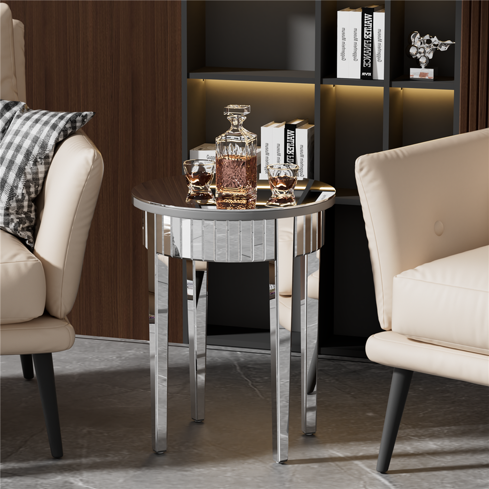 Round Venetian Mirrored Side Table Sofa Bedside Coffee Table Storage Wood Frame