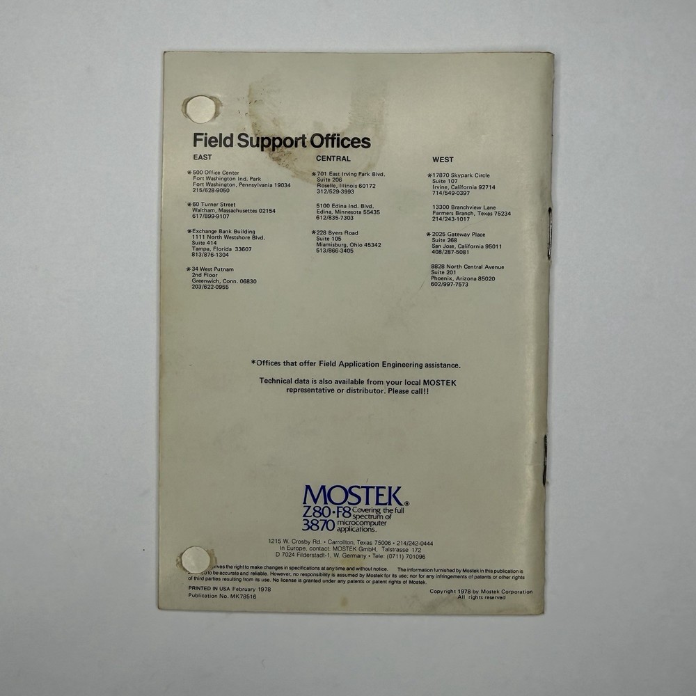 1978 Mostek Zilog Z80 CPU Microcomputer System Pocket Micro-Reference Manual