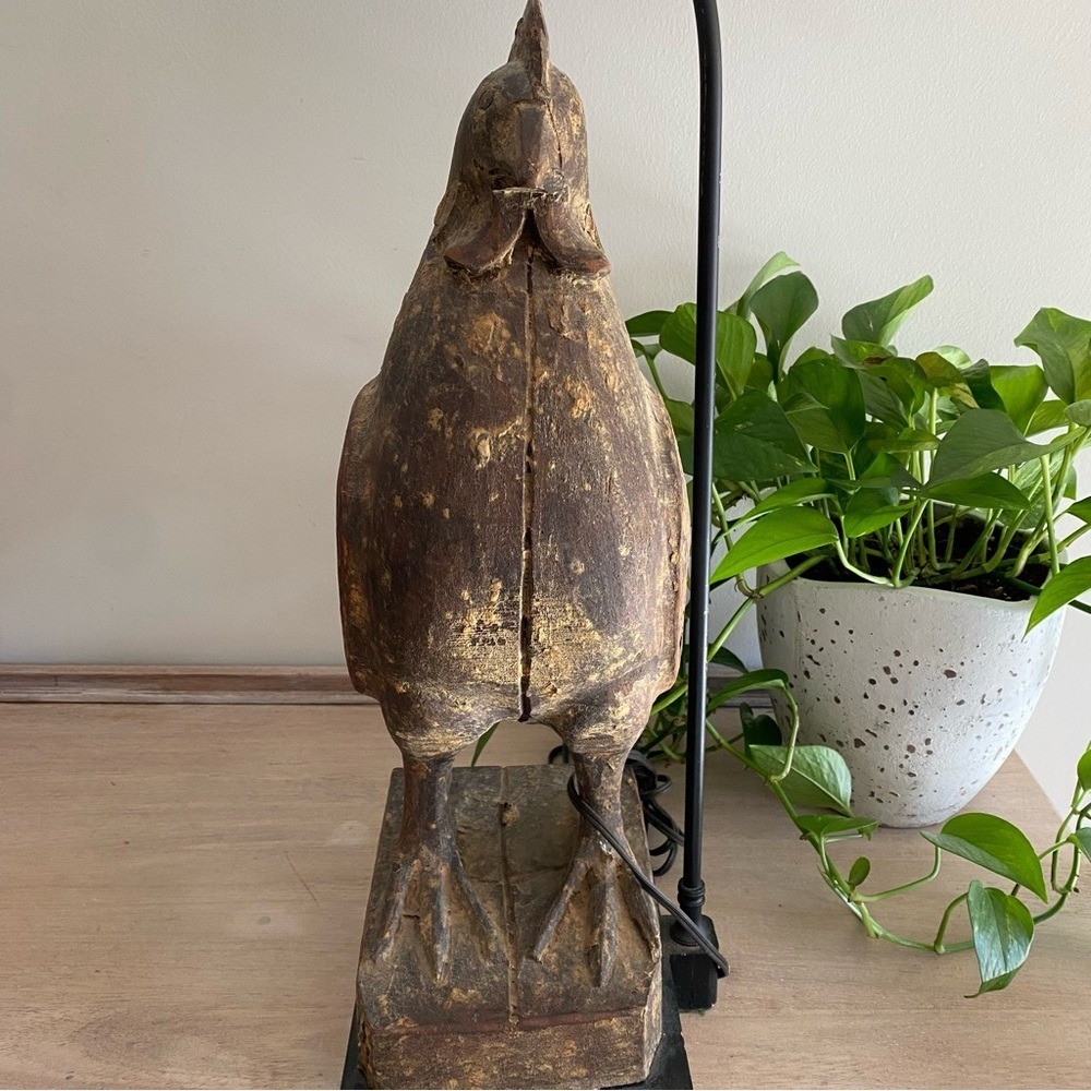 Rustic Handmade Wood Carved Rooster Lamp