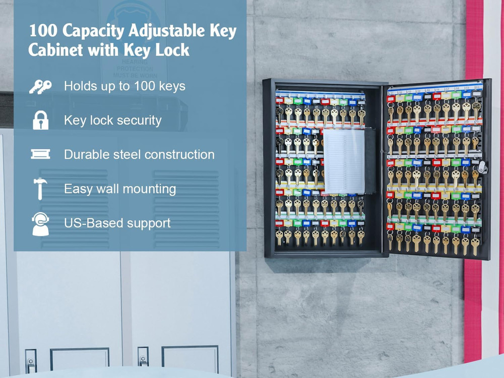 100-Position Key Lock Box – Solid Steel Key Cabinet with Adjustable Numbered Hoo